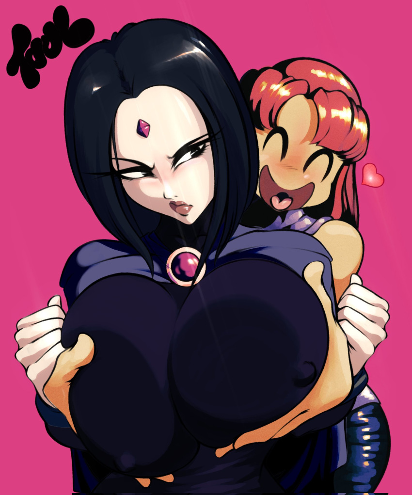 2girls ^_^ alien alien_girl alien_human alien_look_like_human annoyed bangs big_breasts black_hair breast_envy breast_fondling breast_grab breast_grab_from_behind breast_sucking_envy breasts cape closed_eyes curvy_female curvy_milf dc dc_comics erect_nipples erect_nipples_under_clothes extraterrestrial extraterrestrial_human female female_only female_pervert forehead_jewel grabbing_from_behind groping groping_breasts groping_from_behind half_demon happy_female heart juggertuul koriand'r large_breasts lips lipstick looking_back milf multiple_girls open_mouth open_smile pink_background rachel_roth raven_(dc) red_hair simple_background slippertuul smile smiling smooth_skin sneaky_pervert sneaky_pervert_woman starfire tan-skinned_female teen_titans thick_thighs tits upper_body young_woman young_woman_and_milf younger_female yuri