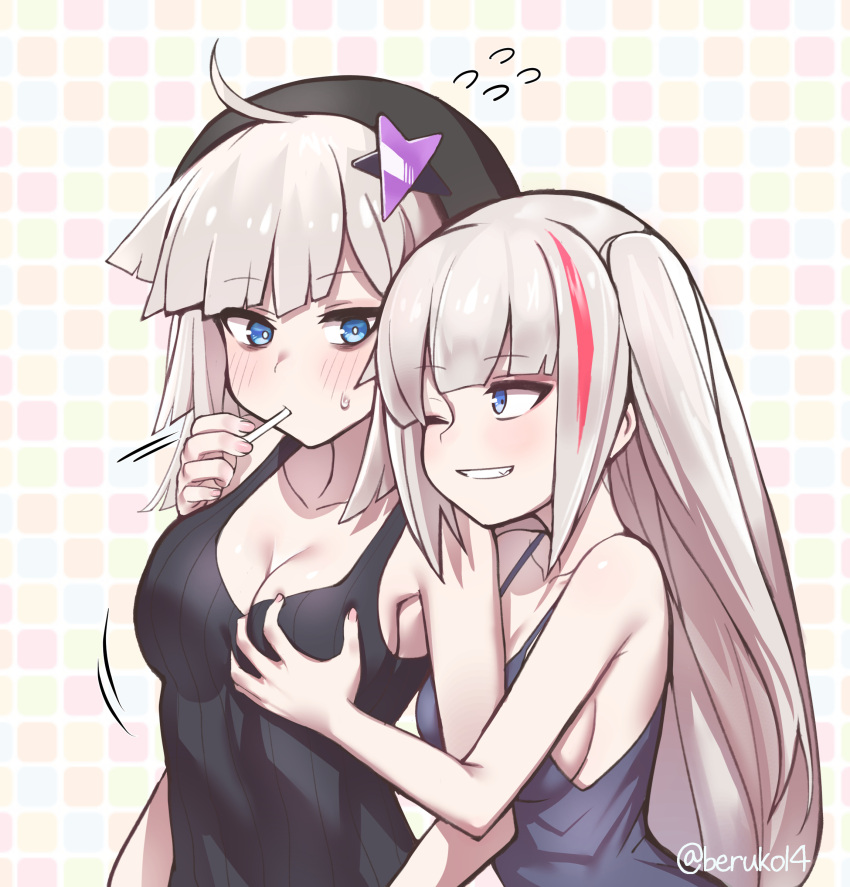 2girls aa-12_(girls'_frontline) ahoge bangs beruko14 black_headwear blue_eyes blush breast_grab breasts cleavage flying_sweatdrops girls'_frontline grabbing grey_hair hair_ornament hat highres long_hair mdr_(girls'_frontline) multicolored_hair multiple_girls one_eye_closed red_eyes star_(symbol) star_hair_ornament streaked_hair yuri