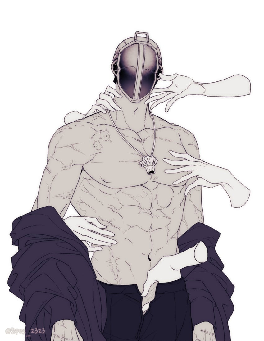 1boy bondrewd dilf disembodied_hands groping hand_in_pants helmet made_in_abyss male male_only mask masked masked_male muscular muscular_male necklace open_clothes open_pants restricted_palette scar scars solo_focus spes_2323 topless topless_male