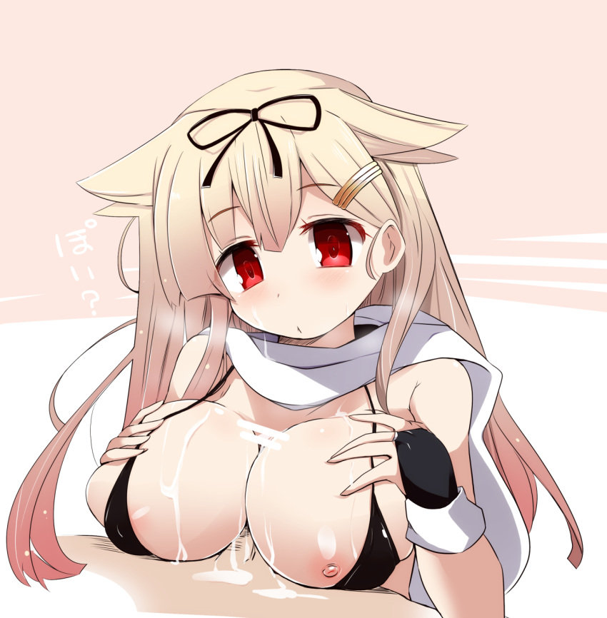 1boy :< alternative_bust_size between_breasts bikini black_bikini black_gloves black_swimsuit blonde_hair blush breast_press breasts bridal_gauntlets censor_bar censored female female gloves hair_flaps hair_ornament hair_ribbon high_resolution kantai_collection large_breasts long_hair male nipples paizuri penis red_eyes remodel_(kantai_collection) ribbon scarf semen semen_on_body semen_on_breasts semen_on_chest semen_on_upper_body shirogane_(platinum) simple_background solo_focus straight swimsuit white_background yuudachi_(kantai_collection)