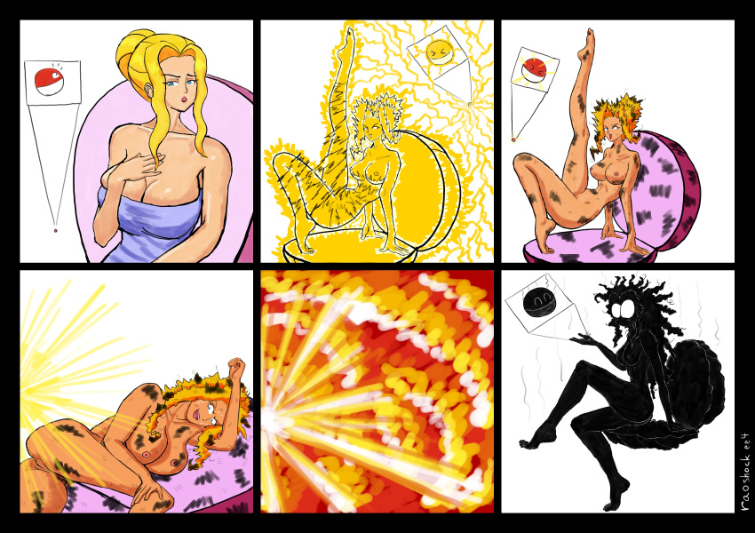 blonde_hair blue_eyes crossover electricity electrocution electrostimulation explosion female female_focus nude parodius pokemon pokemon_rgby raoshock voltorb