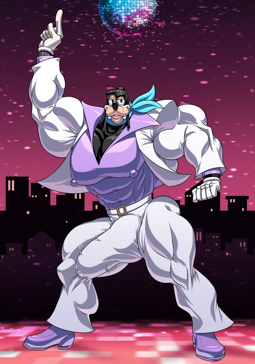 5_fingers abs absurd_res anthro biceps big_biceps big_bulge big_muscles big_penis black_body black_fur black_nose blue_clothing blue_scarf bottomwear building bulge canid canine canis clothed clothing dance_floor dancing detailed_background detailed_bulge digital_media_(artwork) disco disco_ball disney disney_channel domestic_dog erection fingers footwear fur genital_outline genitals gloves goof_troop goofy hair handwear hi_res huge_bulge huge_cock huge_muscles humanoid_genitalia humanoid_penis hyper jacket looking_at_viewer male male_nipples male_only mammal muscular muscular_anthro muscular_legs muscular_male nightclub nipple_bulge pants pecs penis_outline pokies purple_clothing purple_footwear purple_shirt purple_shoes purple_topwear scarf shirt shoes skyscraper smile solo tan_body tan_fur teeth topwear white_bottomwear white_clothing white_gloves white_handwear white_jacket white_pants white_topwear wolfiecanem