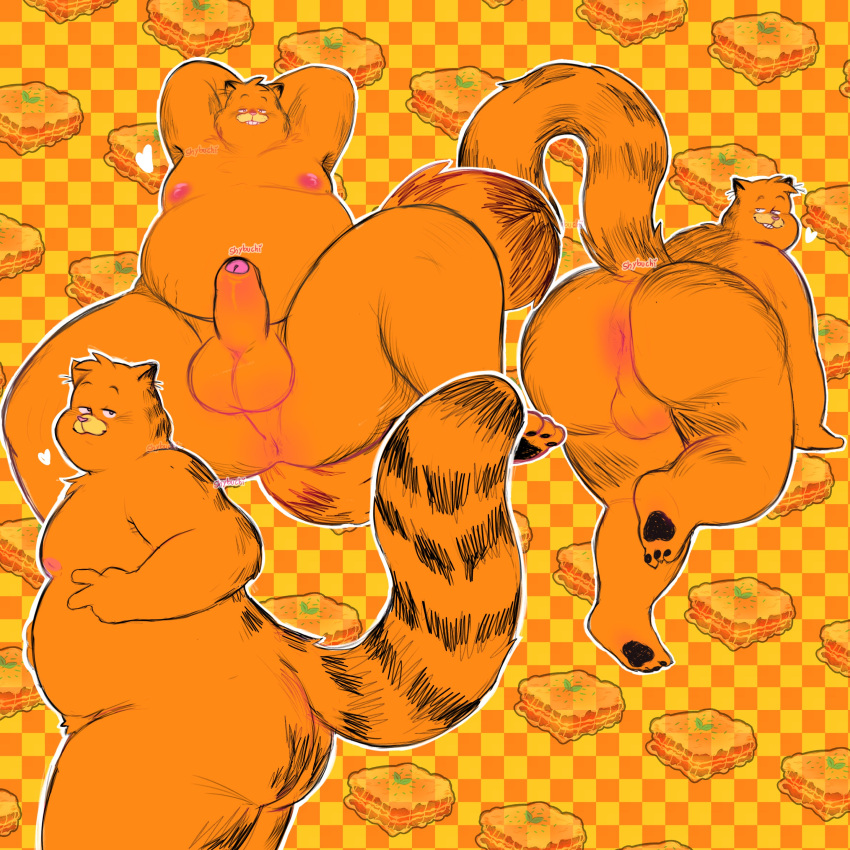 absurd_res anthro anus ass balls belly big_butt domestic_cat erection felid feline felis food foreskin fur garfield_(series) garfield_the_cat genitals heart hi_res lasagna looking_at_viewer looking_back male male_focus male_only male_solo mammal moobs naughty_face nipples orange_body orange_fur overweight pasta pawpads penis perineum presenting presenting_anus shyybuchi slightly_chubby solo_male superchub