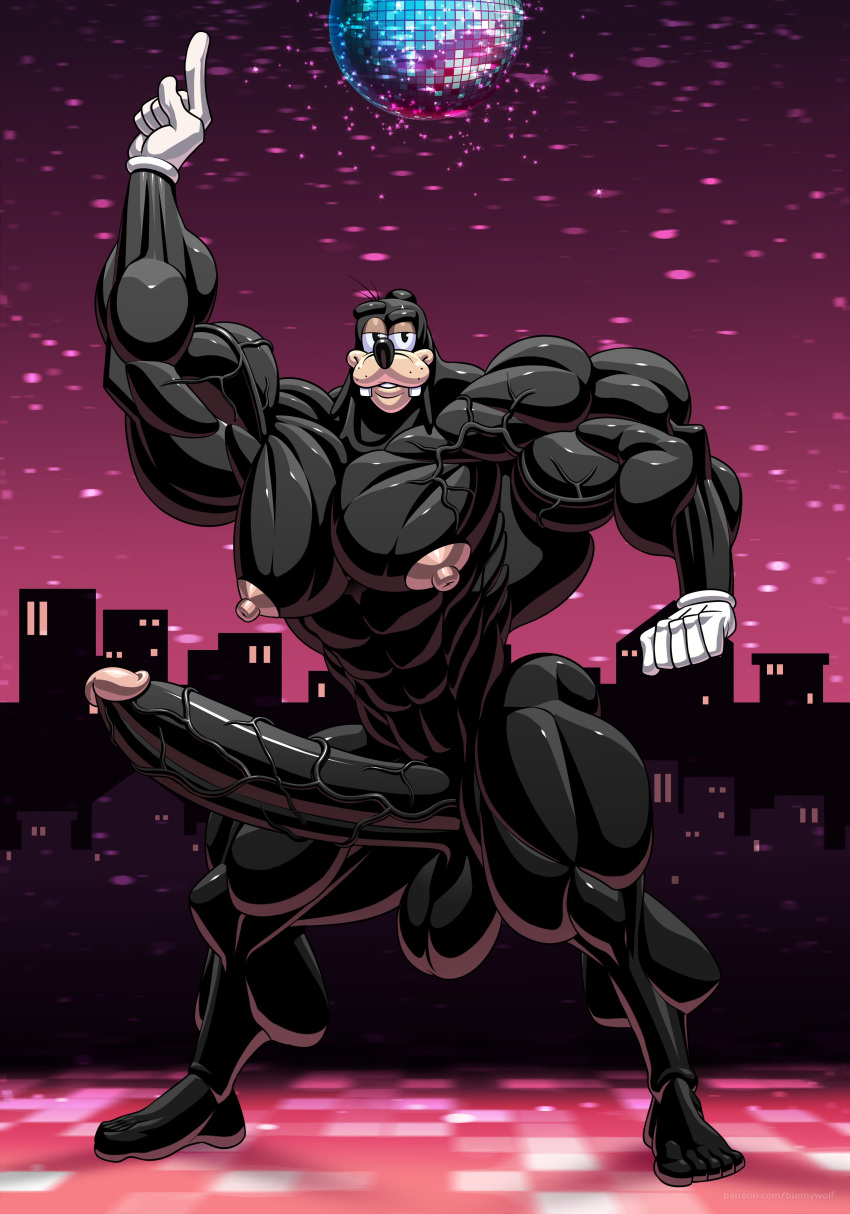 5_fingers 5_toes abs absurd_res anthro ass balls biceps big_biceps big_muscles big_nipples big_pecs big_penis black_balls black_body black_fur black_nose black_penis building canid canine canis clothing dance_floor dancing detailed_background digital_media_(artwork) disco disco_ball disney disney_channel domestic_dog erection feet fingers fur furry genitals glans gloves gloves_only goof_troop goofy hair handwear handwear_only hi_res huge_cock huge_muscles humanoid_feet humanoid_genitalia humanoid_penis hyper hyper_muscles looking_at_viewer male male_nipples male_only mammal mostly_nude multicolored_body multicolored_fur muscular muscular_anthro muscular_male nightclub nude pecs penis pink_glans pink_nipples smile solo tan_body tan_fur testicles toes two_tone_body two_tone_fur vein veiny_arms veiny_muscles veiny_penis white_clothing white_gloves white_handwear wolfiecanem