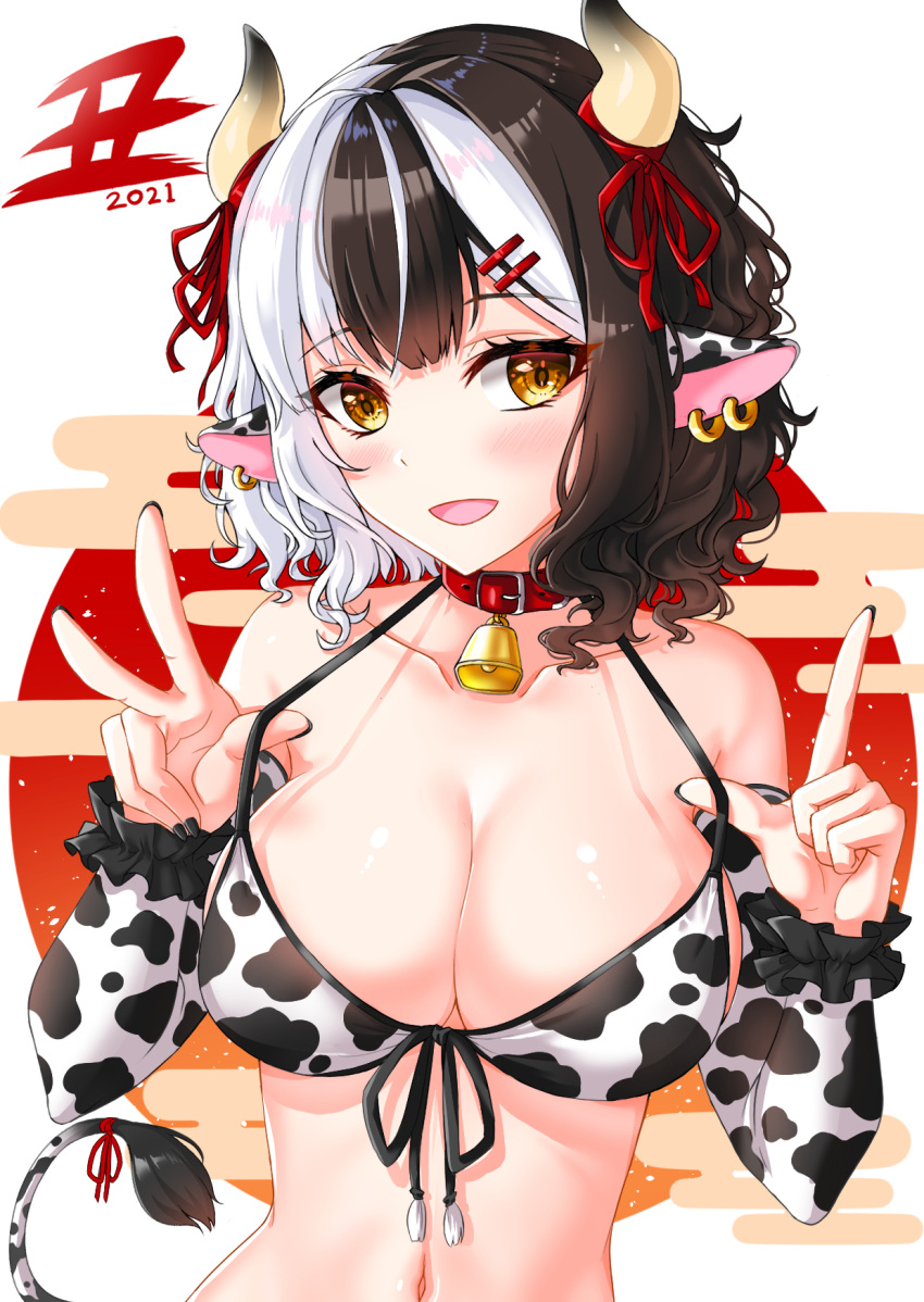 2021 adjusting_clothes adjusting_swimsuit animal_collar animal_ears animal_print bangs bell bikini black_hair black_scrunchie breasts brown_eyes chinese_zodiac cleavage collar cow_ears cow_girl cow_horns cow_print cow_tail cowbell detached_sleeves earrings egasumi female female front-tie_bikini front-tie_top hair_ornament hairclip highres horn_ornament horn_ribbon horns index_finger_raised jewelry large_breasts looking_at_viewer medium_hair navel neck_bell new_year open_mouth original print_bikini print_sleeves red_collar ribbon rising_sun scrunchie smile solo sunburst swimsuit tail upper_body v white_bikini white_hair white_sleeves wrist_scrunchie year_of_the_ox yuito_(yuitokobunasbs0)