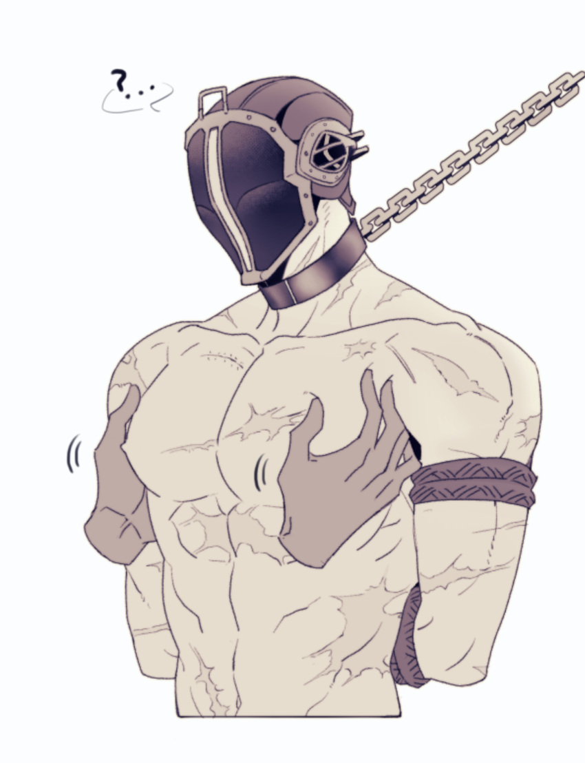 ? arms_behind_back arms_tied bondage bondrewd chain_leash chains collar disembodied_hands groping helmet made_in_abyss male male_only mask masked masked_male pec_grasp restricted_palette rope scars solo_focus spes_2323 topless topless_male upper_body