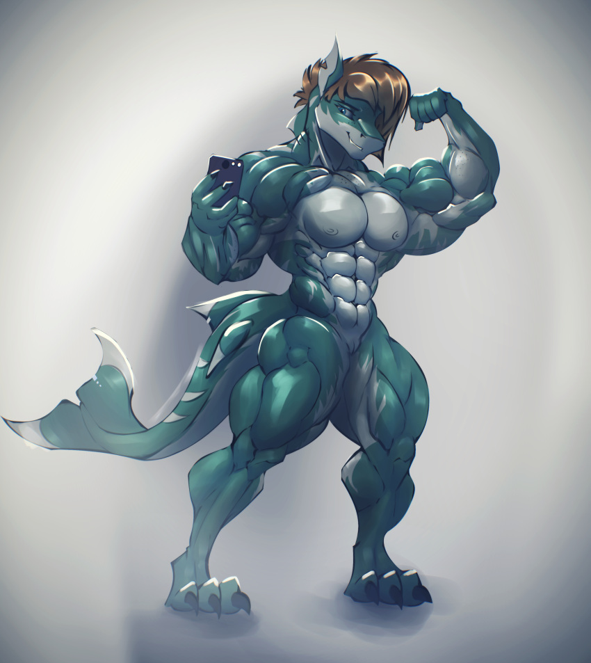 abs absurd_res anthro athletic_wear biceps bottomwear brown_hair clothing digitigrade female fish flexing flexing_bicep freckles genitals hair hi_res marine multicolored_body muscular muscular_arms muscular_female muscular_thighs nipples nude phone pussy rizzyofen selfie shark shark_tail smile smirk solo two_tone_body