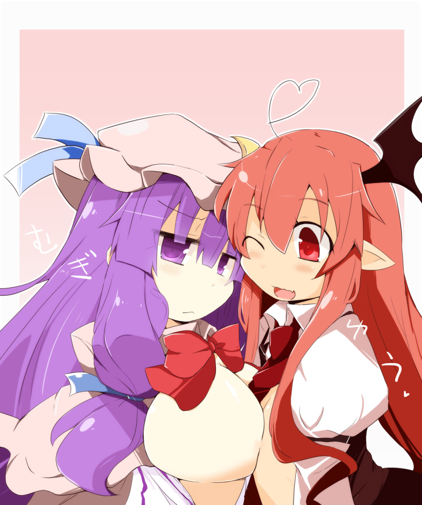 2girls ahoge bat_wings blush bow breast_press breasts female hair_ornament hairbow hat head_wings heart_ahoge high_resolution jitome koakuma long_hair multiple_girls necktie one_eye_closed patchouli_knowledge pointed_ears red_eyes red_hair red_necktie red_neckwear shirogane_(platinum) succubus touhou wings