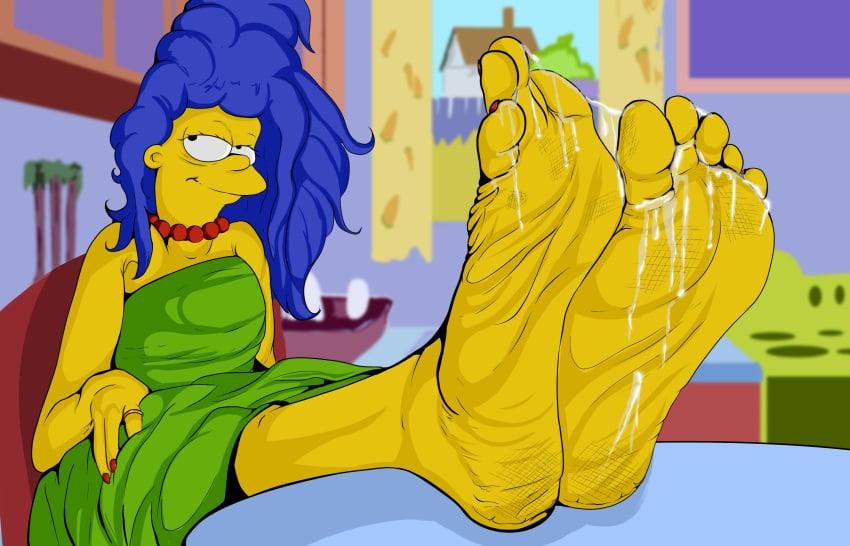 barefoot blue_hair colored_nails cum cum_between_toes cum_on_feet feet female foot_fetish marge_simpson red_nails robinthefox soles solo the_simpsons toes what yellow_skin