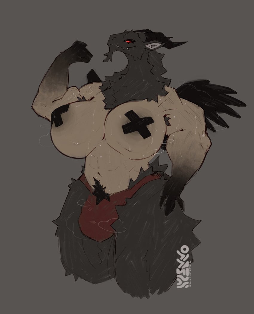 2022 anthro baphomet_(deity) big_breasts biped black_body black_fur bodily_fluids bovid breasts bulge caprine caprine_demon clothing deity demon digital_media_(artwork) feathered_wings feathers fur futanari goat_demon grey_background gynomorph hi_res horn intersex mammal muscular muscular_anthro muscular_gynomorph muscular_intersex nipple_tape panties pasties red_eyes simple_background smile solo steam sweat tape underwear wings yiyani