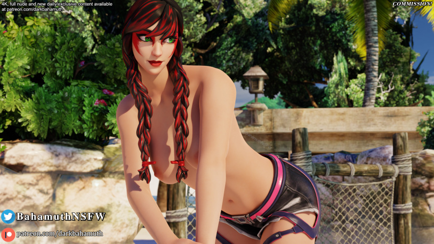 1girls 3d beach bent_over black_hair bottomwear breasts cropped_legs darkbahamuth fable_(fortnite) fortnite green_eyes lipstick multicolored_hair navel patreon_username pinup plaits posing red_hair shorts straps topless twin_braids twitter_username two_tone_hair