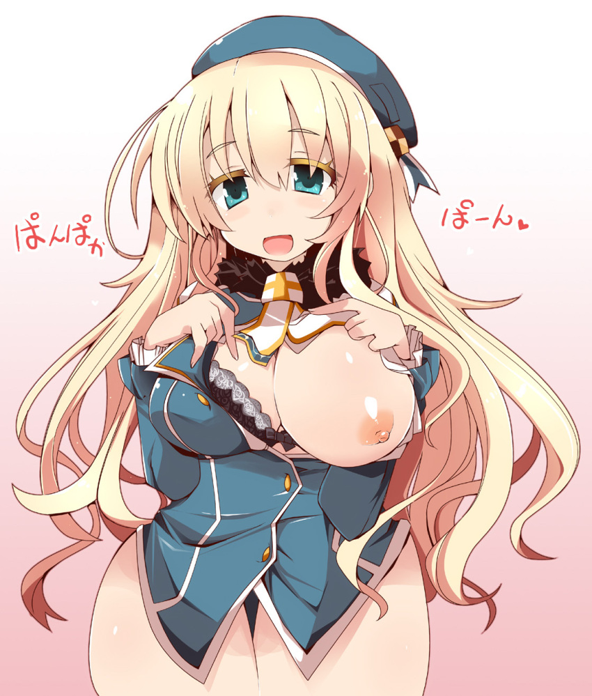 atago_(kantai_collection) blonde_hair bra eyelashes female hat huge_breasts kantai_collection long_hair one_breast_out open_mouth shirogane_(platinum) solo