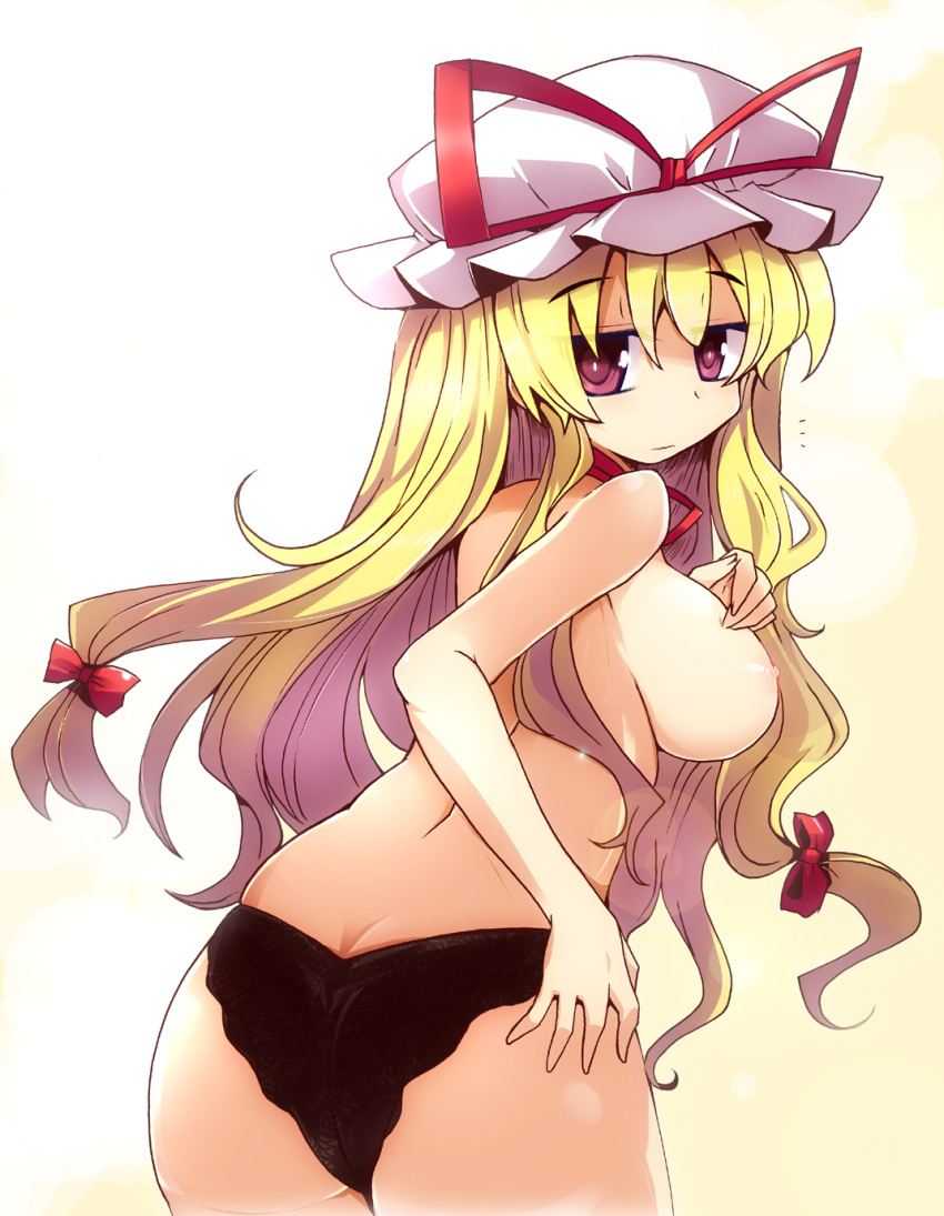 ass back bare_shoulders black_panties black_underwear blonde_hair bow breasts clothing female female from_behind hair_ornament hairbow hand_on_hip hat hat_ribbon headwear high_resolution lace lace_panties large_breasts long_hair looking_at_viewer looking_back neck_ribbon nipples panties_only pantsu purple_eyes ribbon shirogane_(platinum) solo topless touhou underwear underwear_only very_long_hair yukari_yakumo