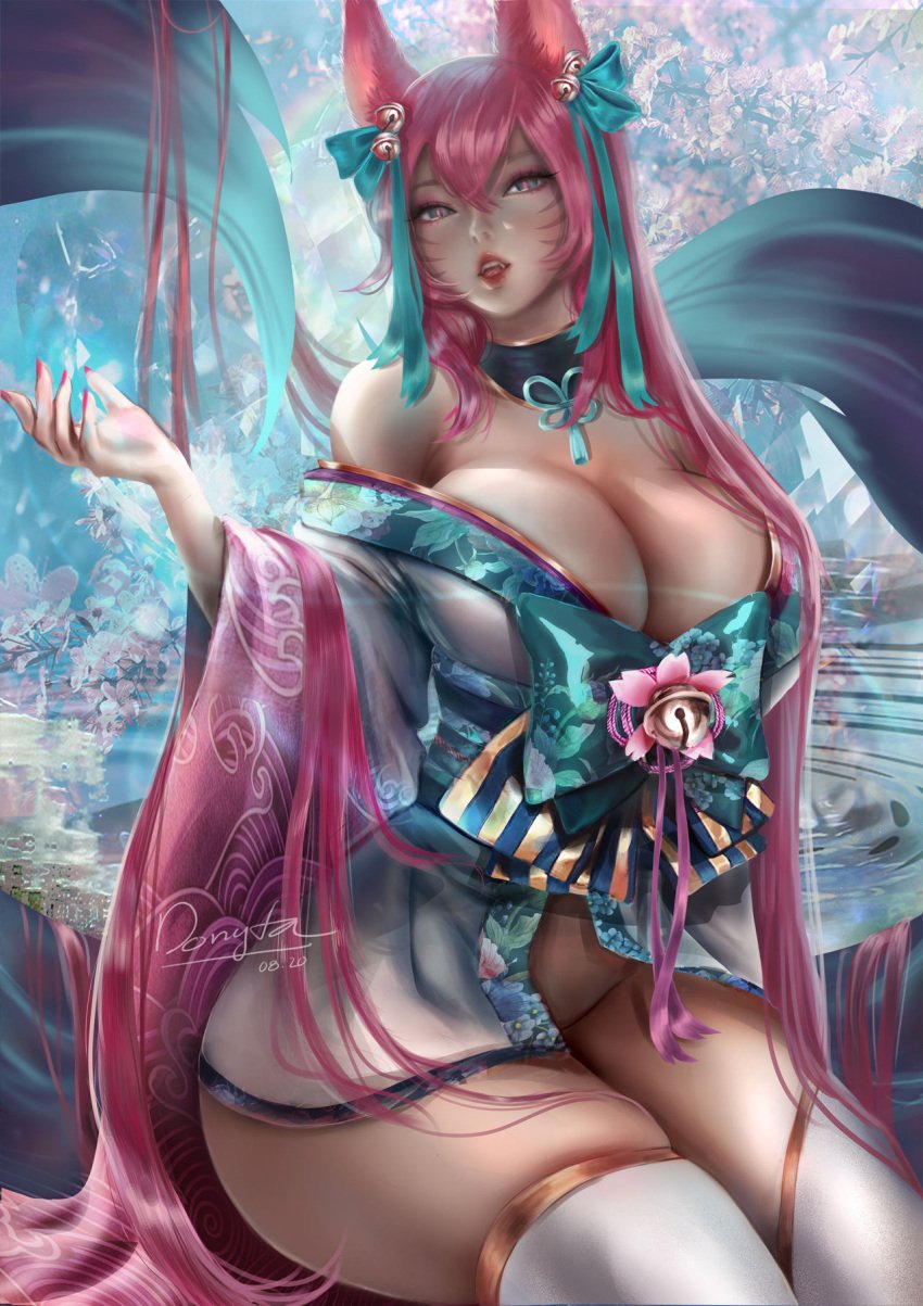 9_tails ahri alternate_costume alternate_eye_color alternate_hair_color alternate_hairstyle animal_ear_fluff animal_ears animal_girl animal_humanoid bangs bell big_breasts blue_eyes blush breasts busty cherry_blossom cherry_blossoms child_bearing_hips choker cleavage clothing curvaceous curvy curvy_female curvy_figure donyta eyelashes eyeliner eyeshadow facial_markings fangs female female_only fox fox_ears fox_girl fox_humanoid fox_tail fox_tails fur furry_ears furry_tail hair_ornament hair_ribbon hourglass_figure huge_breasts humanoid japanese_clothes kemonomimi kimono kitsune kitsunemimi league_of_legends light-skined_female light_skin long_hair looking_at_viewer multi_tail multiple_tails nine_tailed_fox open_mouth pale-skinned_female pale_skin pink_hair realistic riot_games robe slit_pupils smile smiling solo solo_female spirit_blossom_ahri spirit_blossom_series tail thick_thighs thigh_highs thighs vastaya video_games voluptuous wide_hips