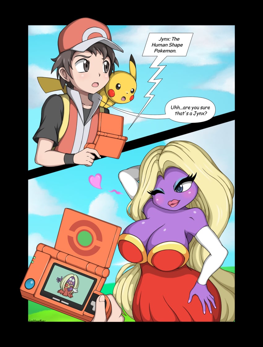 big_breasts blonde_hair blowing_kiss blue_eyes blue_eyeshadow cleavage comic english_text game_freak gray_eyes hand_behind_head hourglass_figure jynx long_blonde_hair long_hair loodanonmus nintendo outdoors pikachu pokémon_(species) pokedex pokemon pokemon_(species) pokemon_rgby pose purple_skin red_(pokemon) seductive_pose speech_bubble text wink