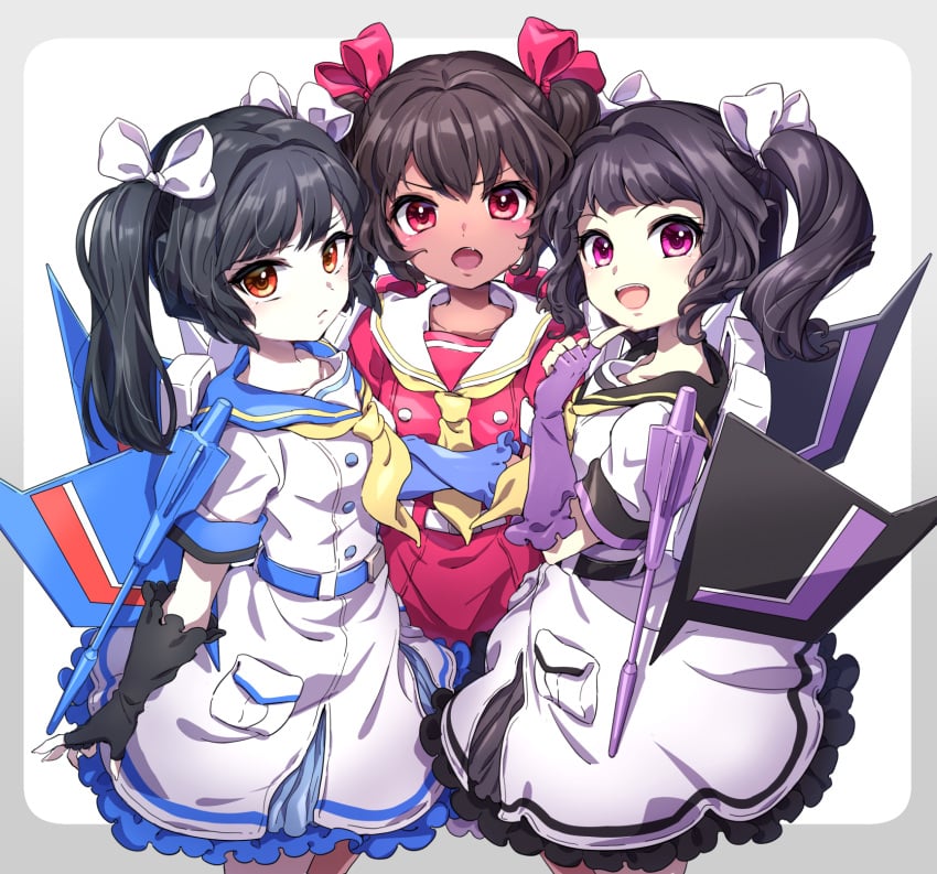 3girls artist_request black_hair brown_hair female female_focus female_only genderswap_(mtf) gijinka humanformers humanized multiple_girls open_mouth orange_eyes purple_eyes red_eyes rule_63 skywarp smile starscream thundercracker transformers white_background