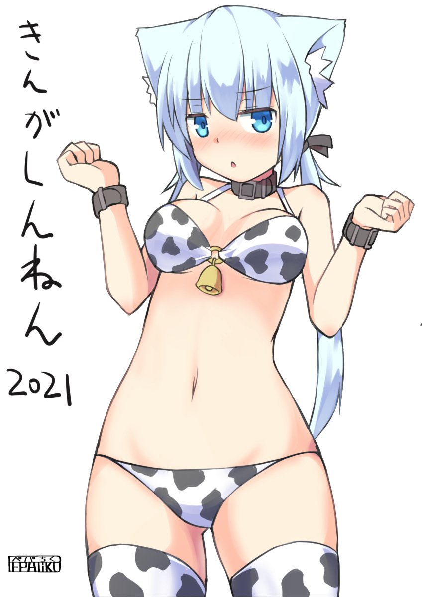 2021 animal_collar animal_ear_fluff animal_ears animal_print artist_logo artist_name bangs bell bikini black_ribbon blue_eyes blue_hair blush cat_ears chinese_zodiac collar commentary cow_print cowboy_shot eyebrows_visible_through_hair female hair_ribbon happy_new_year highres koyuki_(pepatiku) long_hair looking_at_viewer low_twintails medium_hair navel new_year o-ring o-ring_bikini original parted_lips pepatiku print_bikini print_legwear ribbon sidelocks simple_background skindentation solo standing swimsuit thighhighs translated twintails w_arms white_background white_bikini white_legwear wristband year_of_the_ox