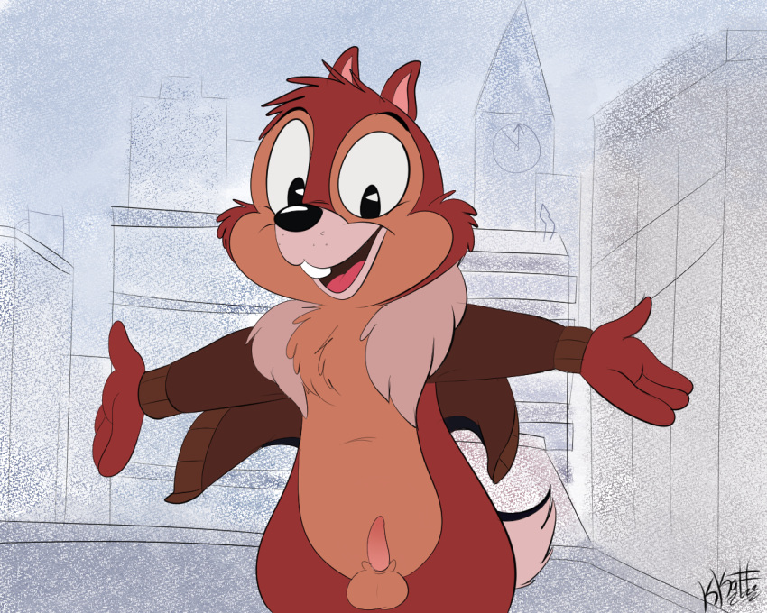 anthro balls bottomless chip chip_'n_dale_rescue_rangers chipmunk clothed clothing disney erection genitals ground_squirrel kippykat male male_only mammal penis rodent sciurid solo testicles