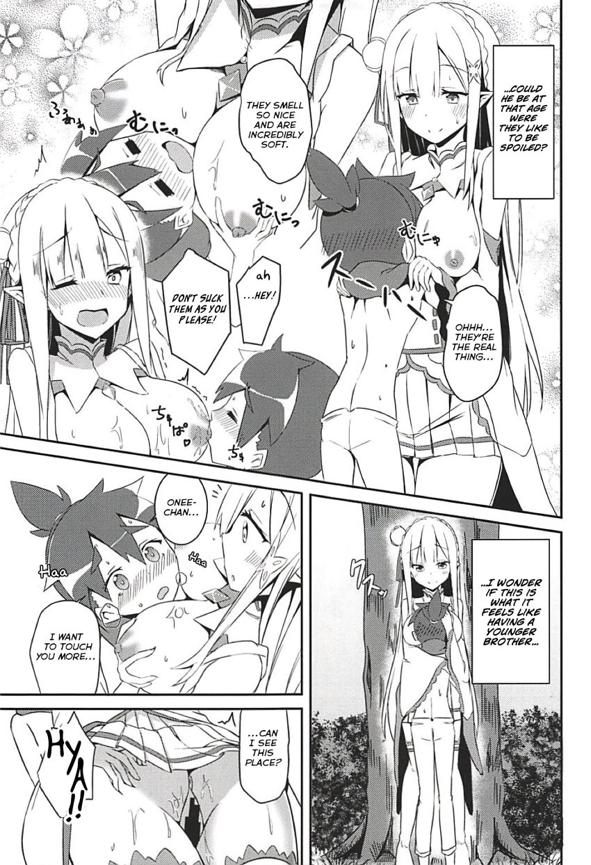 10s 1boy 1girls 2018 absurd_res after_fellatio age_difference anus areolae ass ass_grab blush breast_fondling breast_grab breast_sucking breasts breasts_out censored comic comic_page consensual doujin doujinshi elf elf_female elf_girl embrace emilia_(re:zero) english english_dialogue english_text female_virgin first_time flower_in_hair foreplay forest hair_flower hair_ribbon hairclip hands_on_breasts happy happy_female happy_male head_between_breasts highres hugging human interspecies large_breasts long_hair lucas_(re:zero) male_human/female_elf male_virgin minato_yoshihiro miniskirt nipples no_bra no_panties older_female older_woman_and_younger_boy panels pointy_ears pussy re:zero_kara_hajimeru_isekai_seikatsu rose scarf shirtless sucking_nipples teenage_girl teenage_girl_and_younger_boy teenager text text_bubble translated trembling young younger_male