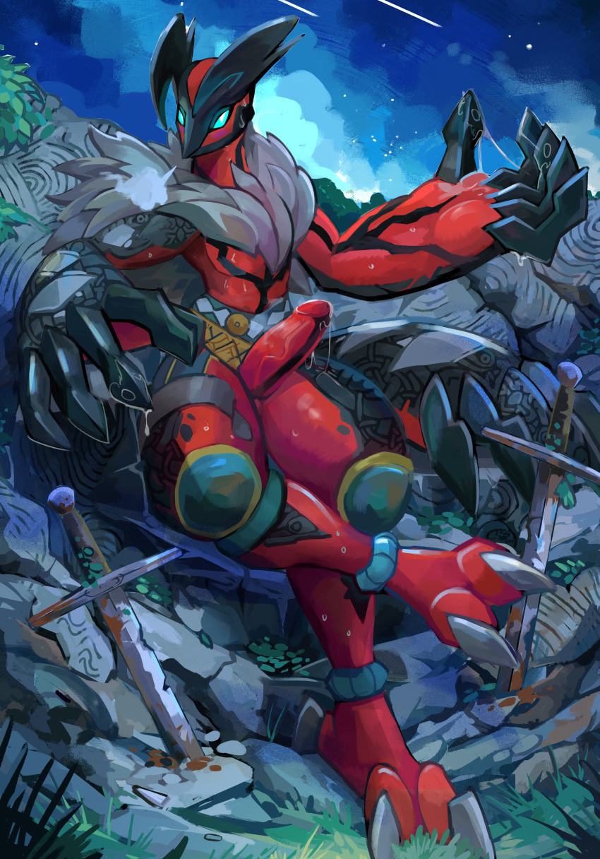 absurd_res anthro blue_eyes bodily_fluids crossed_legs digital_media_(artwork) fur genital_fluids hi_res legendary_pokemon looking_at_viewer male melee_weapon night nintendo plive pokémon_(species) pokemon pokemon_(species) precum precum_on_finger solo sword video_games weapon yveltal