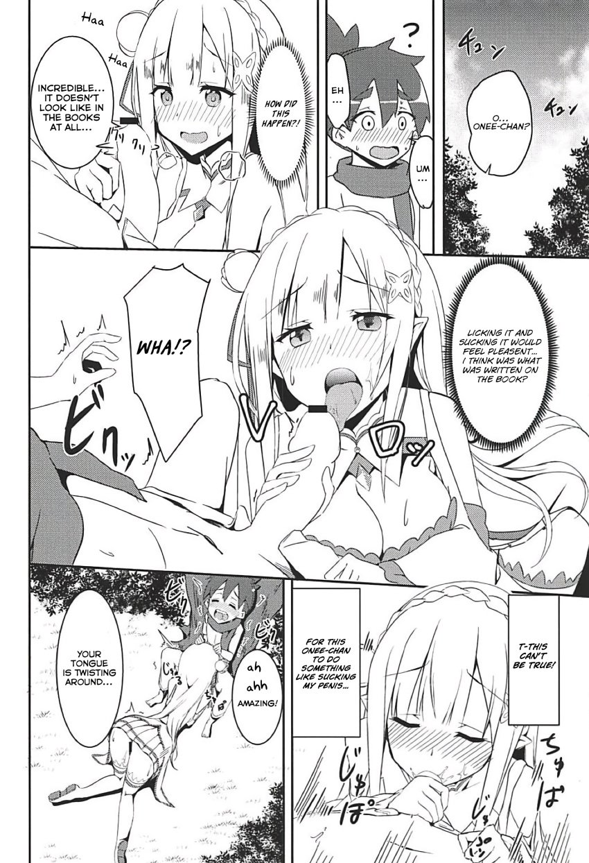 10s 1boy 1girls 2018 ? absurd_res against_tree age_difference all_fours ass blush breasts censored cleavage comic comic_page doujin doujinshi elf elf_ears elf_female elf_girl emilia_(re:zero) english english_dialogue english_text female_virgin first_oral first_time flower_in_hair forest hair_flower hair_ribbon hairclip hands_on_head highres human interspecies large_breasts licking_penis long_hair lucas_(re:zero) lucky_bastard male_human/female_elf male_virgin minato_yoshihiro miniskirt moaning no_panties older_female older_woman_and_younger_boy on_all_fours panels penis_in_mouth penis_lick pleasure_face pointy_ears re:zero_kara_hajimeru_isekai_seikatsu rose scarf shaking shirtless shocked_expression teenage_girl teenage_girl_and_younger_boy teenager text text_bubble tongue_around_penis translated young younger_male