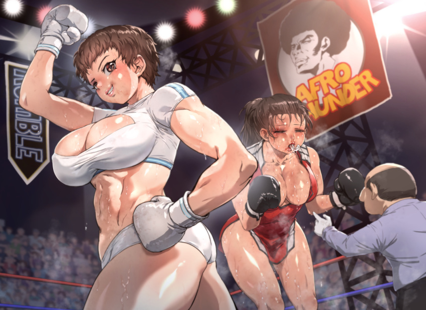 2girls abs black_boxing_gloves black_gloves blood boxing boxing_gloves breasts brown_hair bruise bruised_eye catfight cleavage cleavage_cutout clothing_cutout collarbone crop_top crowd gloves grin hair_pulled_back injury large_breasts leaning_forward lips lulu_valentine midway mouth_guard muscular muscular_female norbon norubon nosebleed ponytail ready_2_rumble_boxing referee ryona selene_strike short_hair short_shorts shorts smile sweat white_boxing_gloves white_gloves