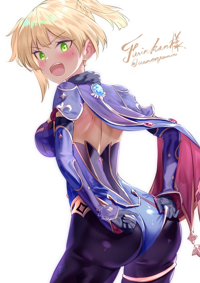 absurdres adjusting_clothes adjusting_leotard artist_name ass blonde_hair blush bodysuit breasts cape cosplay detached_sleeves female genshin_impact girls'_frontline green_eyes highres large_breasts leotard mona_(genshin_impact) mona_(genshin_impact)_(cosplay) open_mouth purple_bodysuit purple_leotard short_hair shoulder_blades side_ponytail solo thighs uenoryoma wedgie welrod_mkii_(girls'_frontline)