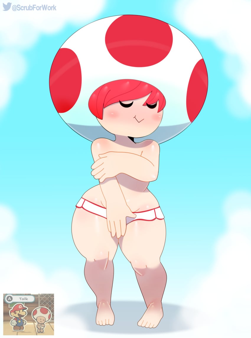 1boy 2022 blush blushing briefs closed_eyes closed_mouth covering_breasts covering_crotch digital_media_(artwork) feet femboy hi_res male male_only mario_(series) mostly_nude paper_mario paper_mario:_the_origami_king red_hair short_hair shortstack solo somescrub thick_thighs toad_(mario) topless underwear underwear_only