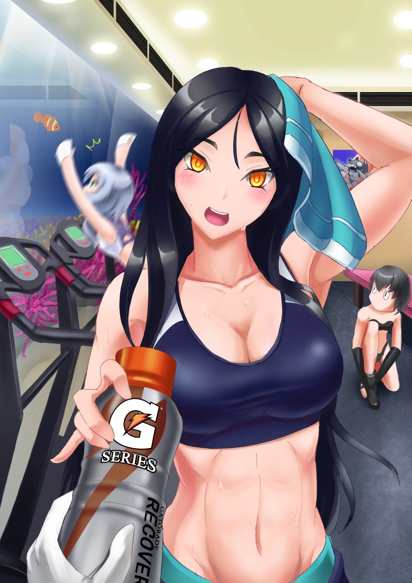 3girls absurdres abyssal_ship alternate_costume arm_up bench black_hair blush bottle breasts cleavage clownfish collarbone drying drying_hair exercise_machine fish_tank gatorade giving gloves gym_uniform highres indoors jiguang_zhi_aoluola kantai_collection large_breasts long_hair looking_at_another looking_at_viewer looking_to_the_side motion_blur multiple_girls navel no_headwear nu-class_light_aircraft_carrier open_mouth orange_eyes out_of_frame photoshop_(medium) poster_(object) pov pov_hands ri-class_heavy_cruiser ru-class_battleship shinkaisei-kan shoes short_hair smile solo_focus sweat towel tying_footwear white_gloves wo-class_aircraft_carrier