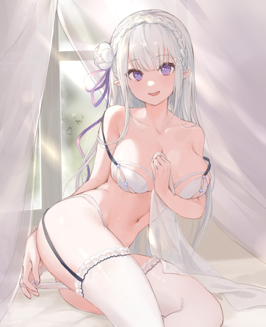 1girls bangs bra braid breasts crown_braid curtains elf_ears elf_female emilia_(re:zero) eyebrows_visible_through_hair garter_straps glass_writing hair_bun hair_ribbon highres large_breasts long_hair looking_at_viewer nail_polish navel panties pointy_ears purple_eyes purple_nails purple_ribbon re:zero_kara_hajimeru_isekai_seikatsu ribbon silver_hair sitting solo stomach strap_slip teenage_girl teenager thighhighs underwear underwear_only very_long_hair white_bra white_legwear white_panties ziyue