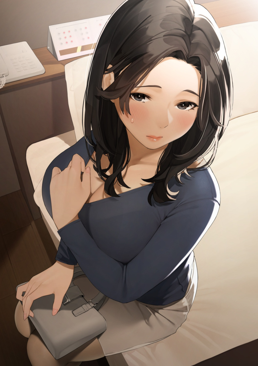 bedroom big_breasts blush breasts cleavage lipstick mature_female milf nails nervous_sweat original_character purse sakuranotomoruhie short_hair