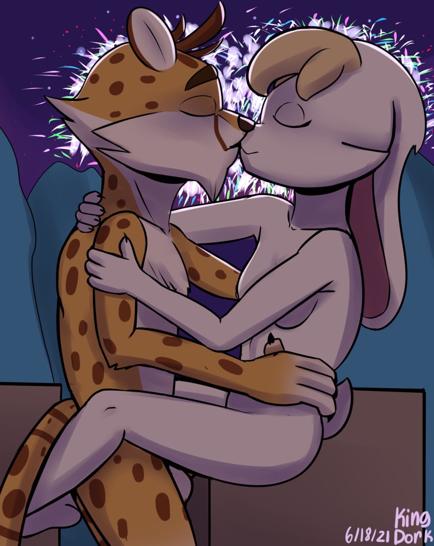 1boy 1girls anthro anthro_on_anthro balls bianca_(spyro) breasts cheetah closed_eyes female furry hetero hunter_(spyro) interspecies kingdorkster kissing male male/female nude penis rabbit romantic sex spyro_the_dragon