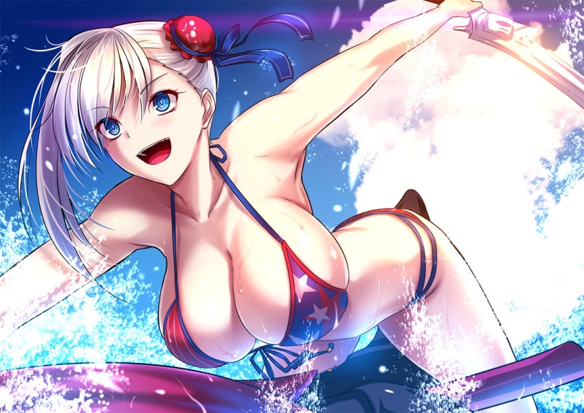 akeyama_kitsune american_flag_bikini bangs bikini blue_eyes blue_sky blush breasts bun_cover cleavage collarbone fate/grand_order fate_(series) female flag_print gunblade hair_bun hair_ribbon jet_ski large_breasts leaning_forward long_hair miyamoto_musashi_(fate) miyamoto_musashi_(swimsuit_berserker) miyamoto_musashi_(swimsuit_berserker)_(fate) pink_hair ribbon side_bun sky smile solo swept_bangs swimsuit thighs water weapon