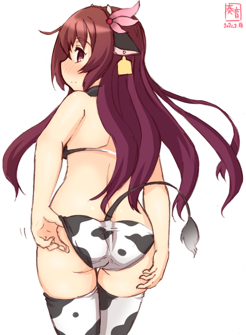 adjusting_clothes adjusting_swimsuit alternate_costume animal_ears animal_print artist_logo bikini brown_eyes brown_hair commentary_request cow_ears cow_horns cow_print cow_tail cowboy_shot dated fake_animal_ears fake_horns female female_only from_behind gradient_hair hair_ornament highres horns kanon_(kurogane_knights) kantai_collection kisaragi_(kantai_collection) long_hair looking_at_viewer multicolored_hair purple_hair side-tie_bikini simple_background smile solo solo_female split_mouth swimsuit tail thighhighs white_background white_bikini white_legwear