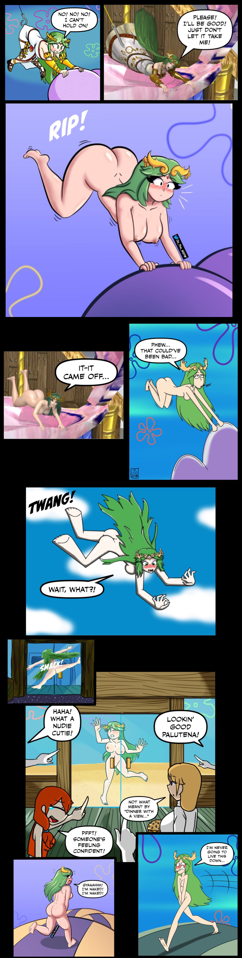 ass barefoot blush breasts butt collab comic female female_only green_eyes green_hair kid_icarus light-skinned_female light_skin long_hair naked nintendo nude palutena pussy spongebob_reference very_long_hair wide_hips