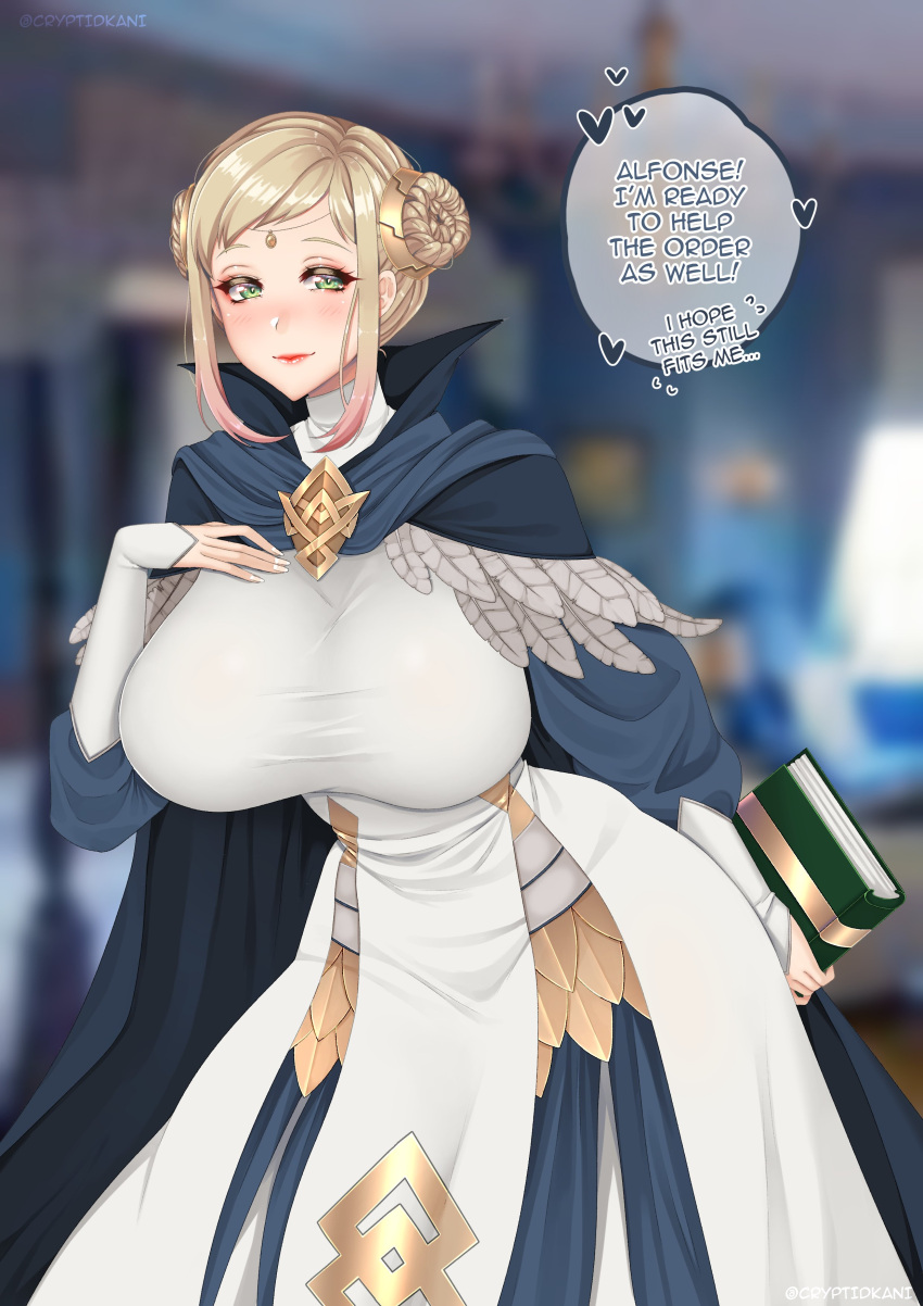 1girls alternate_costume blonde_hair book breasts cape cryptid_crab english_text female female_only fire_emblem fire_emblem_heroes green_eyes henriette_(fire_emblem) large_breasts looking_at_viewer milf multicolored_hair nintendo short_hair smile solo text twin_buns wide_hips