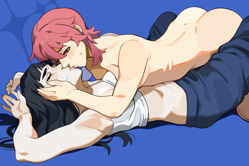 2girls armpits ass black_hair breast_press breasts camisole casual clothed_female_nude_female cowgirl_position female female/female female_only jakuzure_nonon kill_la_kill kiryuuin_satsuki kissing lips lying_on_back lying_on_person medium_breasts multiple_girls pink_eyes pink_hair porqueloin sweatpants yuri