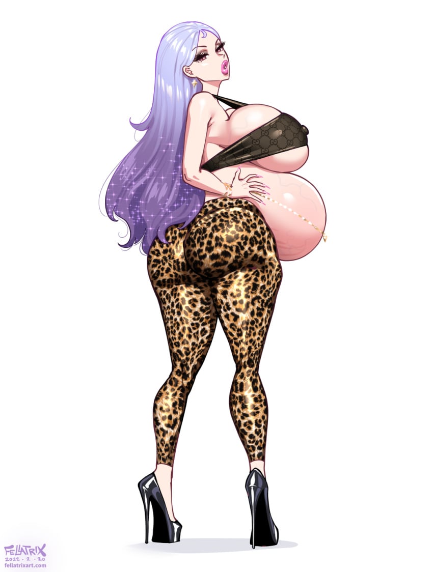 1girls 2022 artist_name ashley_(fellatrix) ass big_ass big_breasts breasts curvaceous curvy curvy_figure dated earrings fellatrix female female_only futa_wife futanari high_heels leopard_print long_fingernails long_hair milf platform_heels pregnant puffy_lips purple_hair ready_to_pop smile solo sparkly_hair stiletto_heels stretch_marks thick thick_thighs torpedo_belly veiny_belly very_high_heels voluptuous white_background wide_hips