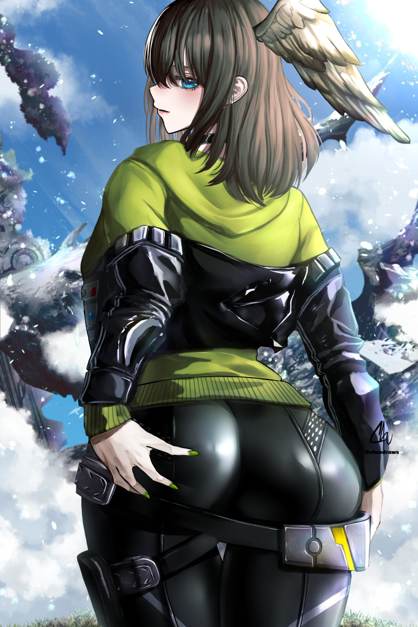 1girls bangs belt big_butt black_bodysuit black_choker black_jacket black_pants blue_eyes bodysuit brown_hair butt butt_grab choker eunie_(xenoblade) fat_ass feathered_wings female female_only fully_clothed grabbing_own_butt green_hoodie hand_on_butt hand_on_own_butt head_wings huge_butt jacket_partially_removed long_hair long_sleeves looking_at_viewer looking_back nail_polish nintendo pants skin_tight solo standing thick_butt thick_thighs thigh_gap white_wings wings xenoblade_(series) xenoblade_chronicles_3