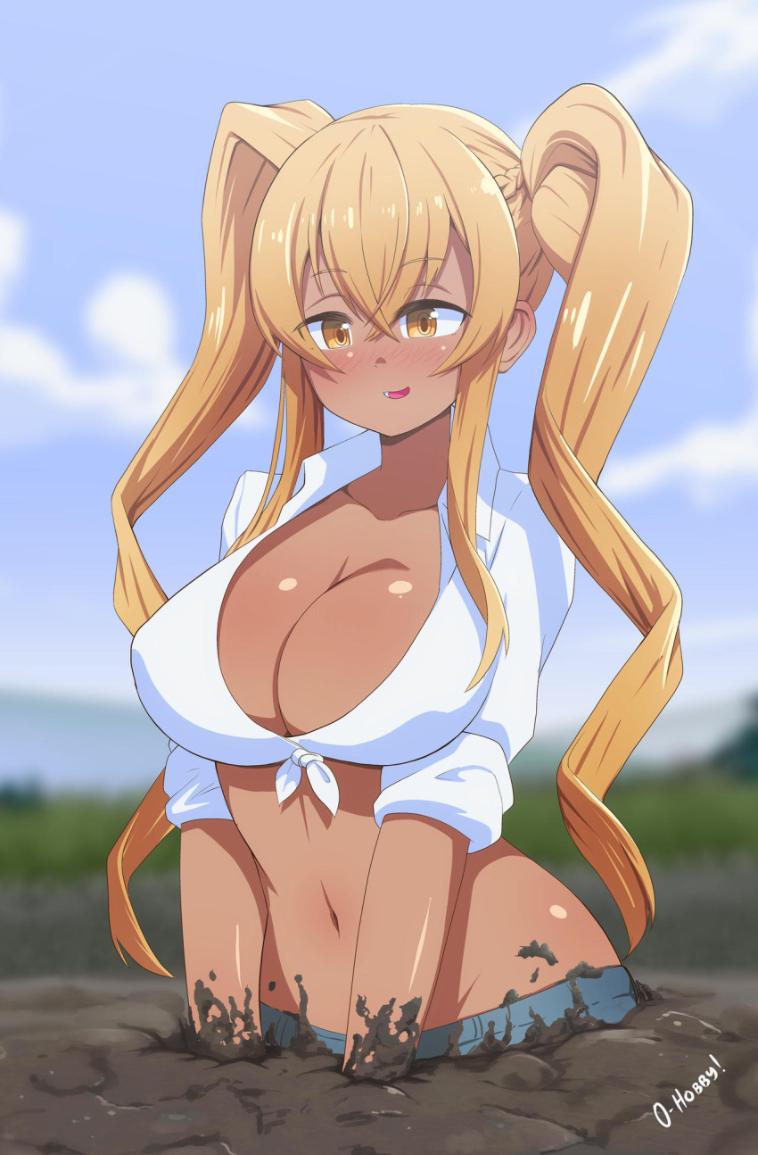 1girls bangs big_breasts blonde_hair blurry blurry_background blush breasts brown_eyes cleavage clothed crop_top crossed_bangs day eyebrows_visible_through_hair front-tie_top gyaru large_breasts long_hair mud muddy navel oerba_yun_fang open_mouth oppaihobby outdoors quicksand rolled_up_sleeves sidelocks sinking smile sunohara_nana sunoharasou_no_kanrinin-san tan_skin twintails upper_body white_shirt