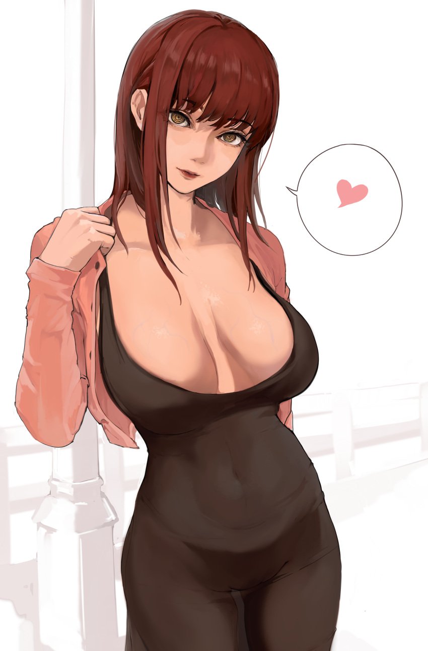 1girl 1girls arms_up black_dress breasts breasts_apart chainsaw_man clothed clothing covered_navel cowboy_shot cropped_jacket dress fully_clothed heart highleg highleg_panties jacket large_breasts long_hair long_sleeves looking_at_viewer makima_(chainsaw_man) mamimi_(artist) navel nipples nostrils open_clothes open_jacket parted_lips pole railing red_hair red_lips ringed_eyes solo spoken_heart standing stomach strap_pull sweat thighs veins veiny_breasts yellow_eyes