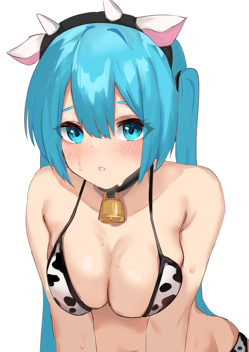 1girls absurdres alternate_breast_size animal_ears animal_print bare_shoulders bell bikini black_hairband blue_eyes blue_hair blush breasts cleavage collar cow_ears cow_horns cow_print eyebrows_behind_hair fake_animal_ears fake_horns female female_only hairband hatsune_miku highres horns large_breasts light-skinned_female light_skin long_hair looking_at_viewer neck_bell neko_no_suke_(nekoneco118) parted_lips print_bikini simple_background solo sweat swimsuit twintails upper_body very_long_hair vocaloid white_background white_bikini