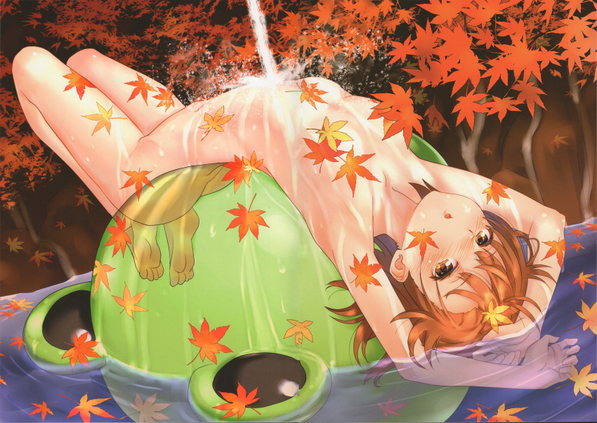 1girls absurdres animal arched_back ass blush breasts brown_eyes brown_hair brunette collarbone completely_nude completely_nude_female eyebrows_visible_through_hair forest frog full_body gekota highres leaf leaf_on_breast leaf_on_head looking_at_viewer lying misaka_mikoto nature nude nude_female on_back raika9 sensual small_breasts solo solo_female teenage_girl teenager to_aru_kagaku_no_railgun to_aru_majutsu_no_index tree water wet young