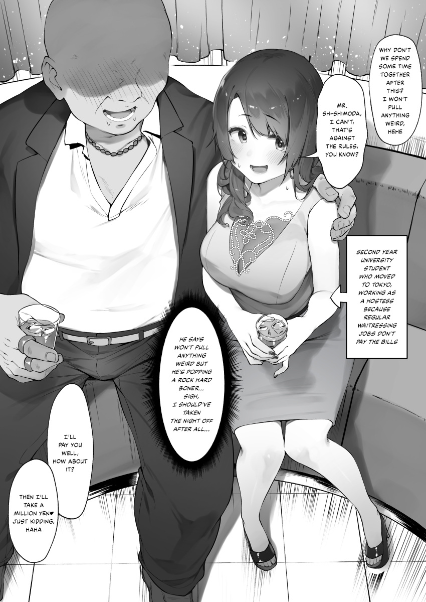 1boy absurdres alcohol bald bare_shoulders blush breasts business_suit cleavage couch cup drink drinking_glass drunk english_text faceless faceless_male female formal greyscale hand_on_another's_shoulder heart highres jewelry kotoribako large_breasts monochrome necklace nervous_smile on_couch original pants shirt sitting skirt sleeveless sleeveless_shirt smile speech_bubble straight suit sweatdrop toeless_legwear