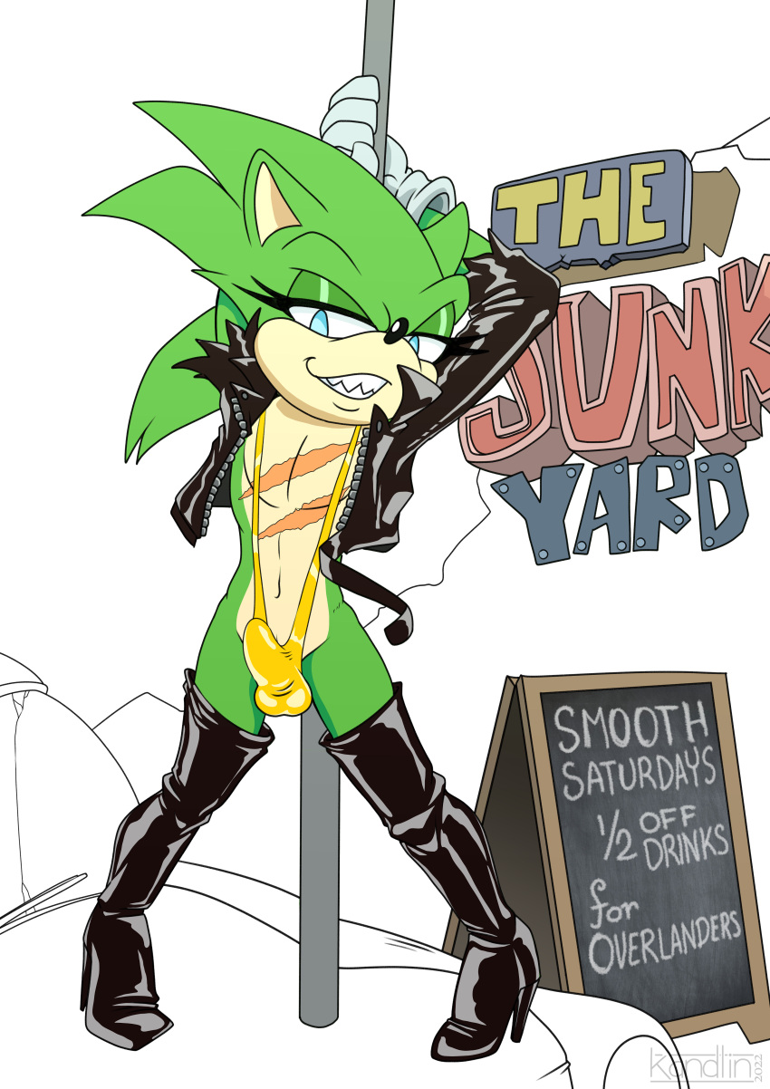 absurd_res anthro archie_comics bikini boots clothing eulipotyphlan footwear hedgehog hi_res high_heeled_boots high_heels jacket kandlin leather leather_boots leather_clothing leather_footwear leather_jacket leather_topwear male mammal pole scar scourge_the_hedgehog sega sharp_teeth sling_bikini solo sonic_(series) sonic_the_hedgehog_(archie) sonic_the_hedgehog_(comics) sonic_the_hedgehog_(series) stripper stripper_pole swimwear teeth topwear