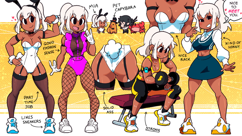 alternate_costume ass black_eyes blush breasts bunny_ears bunny_tail bunnysuit capybara chibi choker cleavage crab english_text fishnet_stockings fishnets flexing garter_straps gloves headband lucia_(scott_malin) mia_(scott_malin) multiple_poses no_mouth original ponytail scott_malin sitting skirt sneakers sweat tagme tail tank_top text thighhighs white_hair workout workout_clothes