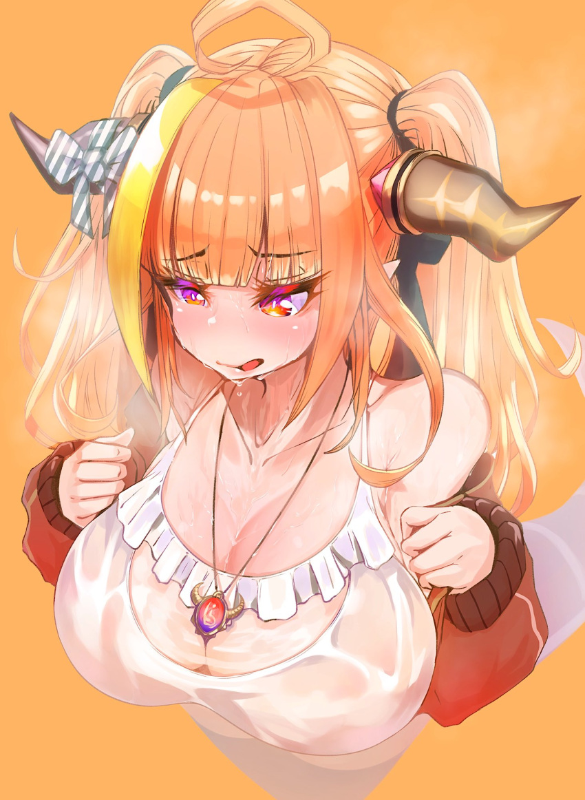 ahoge bangs bare_shoulders black_ribbon blonde_hair blunt_bangs blush bow breasts bright_pupils camisole cleavage collarbone diagonal-striped_bow dragon_girl dragon_horns dragon_tail dripping eyebrows_visible_through_hair feet_out_of_frame female frilled_camisole from_above hair_ribbon hands_up highres holoforce hololive hololive_japan horn_bow horn_ornament horns jacket jewelry kajimakoto kiryu_coco large_breasts long_hair long_sleeves looking_away multicolored_eyes multicolored_hair off_shoulder official_alternate_costume open_mouth orange_background orange_hair pendant pointy_ears purple_eyes red_eyes red_jacket ribbon scales see-through sidelocks simple_background solo spaghetti_strap steam streaked_hair striped striped_bow sweat sweating sweaty_clothes tail thighhighs track_jacket twintails virtual_youtuber wet wet_clothes white_camisole white_pupils