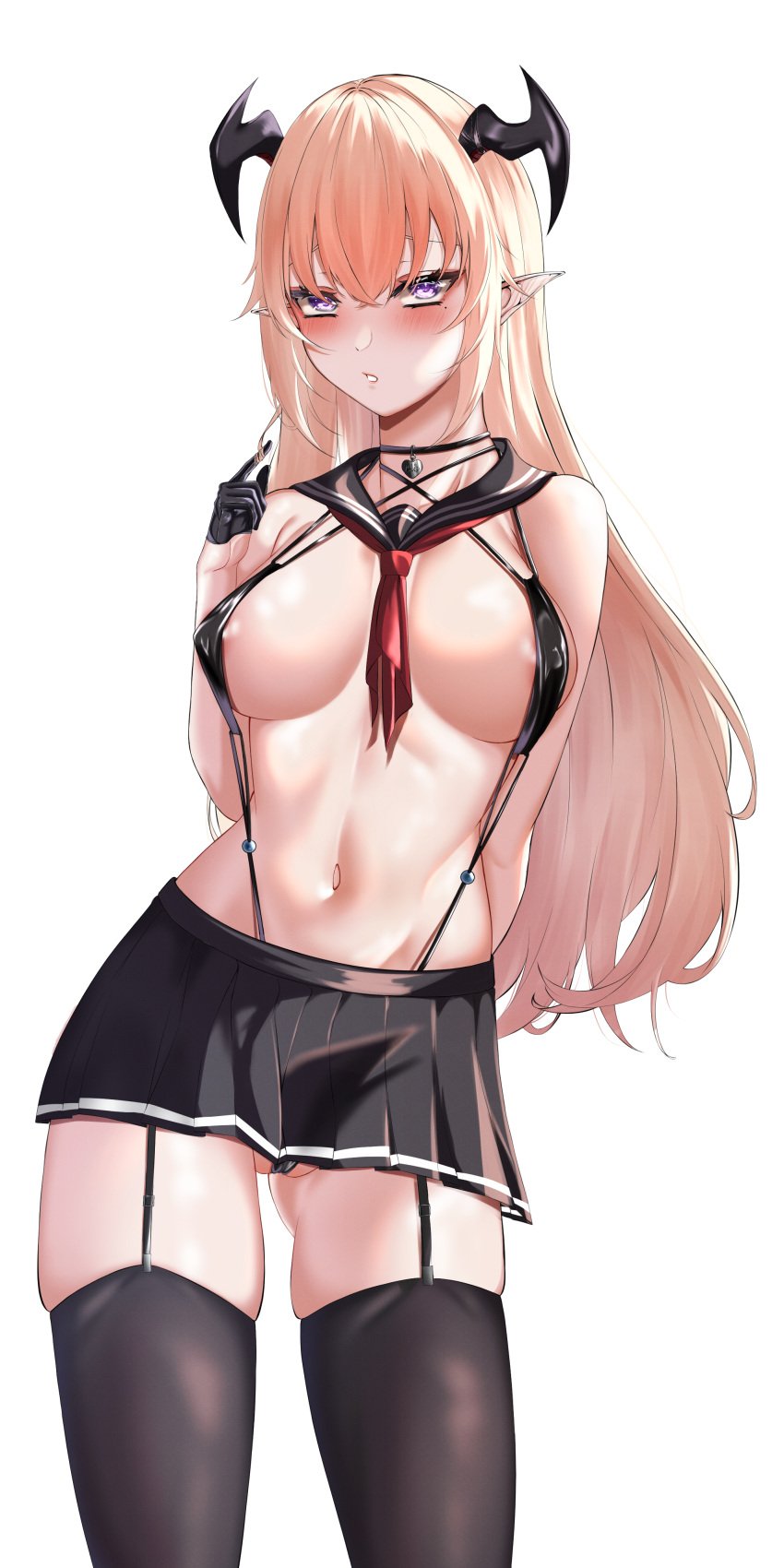 :o absurdres areola_slip areolae black_gloves black_legwear black_skirt black_swimsuit blonde_hair blush breasts choker covered_nipples cowboy_shot detached_collar ear_blush female female garter_straps gloves haruka_0123 heart heart_choker highres horns iblis_(tenkafuma) long_hair looking_at_viewer medium_breasts miniskirt mole mole_under_eye navel neckerchief pleated_skirt pointy_ears purple_eyes sailor_collar simple_background skindentation skirt slingshot_swimsuit solo swimsuit tenkafuma thighhighs white_background