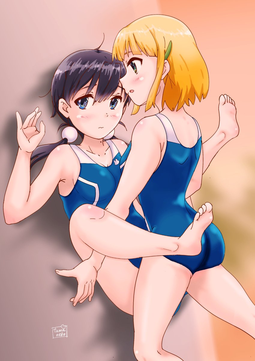 2girls against_wall ass blonde_hair breasts cleavage feet highres kitashirakawa_tamako medium_breasts multiple_girls one-piece_swimsuit purple_hair short_hair swimsuit tamako_market thighs tokiwa_midori twintails yuri