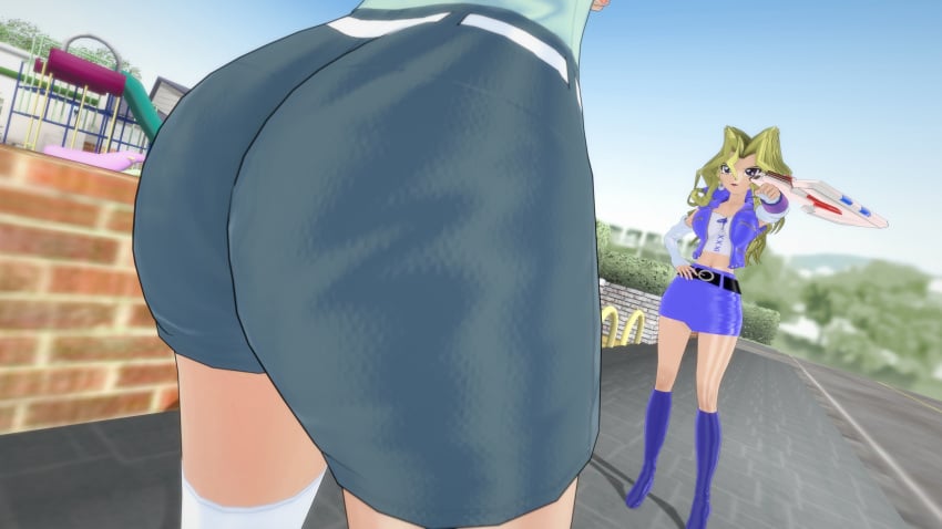 2girls ass ass_focus bare_shoulders big_ass big_breasts blonde_hair boots breasts duel_disk female from_behind guakghad head_out_of_frame huge_ass kujaku_mai large_breasts long_hair mai_valentine mazaki_anzu multiple_girls pencil_skirt purple_eyes shiny shiny_clothes shiny_hair shiny_skin skirt tea_gardner thighhighs yu-gi-oh!